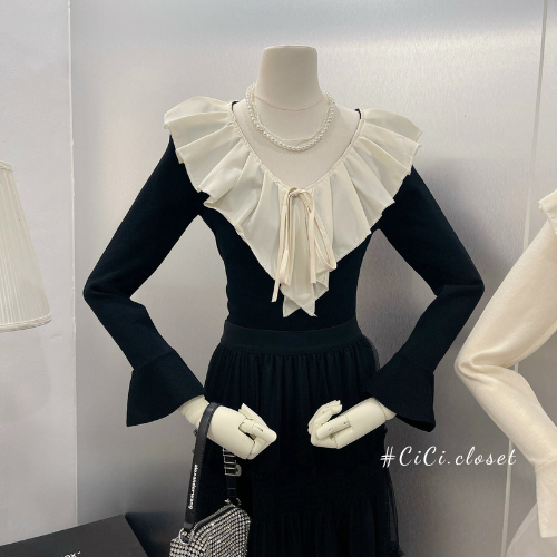 Áo thun len tăm tay dài nữ,áo len cổ tim dài tay,thiết kế voan bèo,ông tay loe nhẹ nhàng,tiểu thư