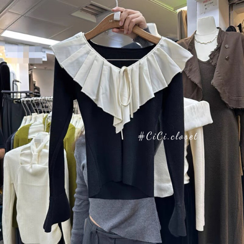 Áo thun len tăm tay dài nữ,áo len cổ tim dài tay,thiết kế voan bèo,ông tay loe nhẹ nhàng,tiểu thư