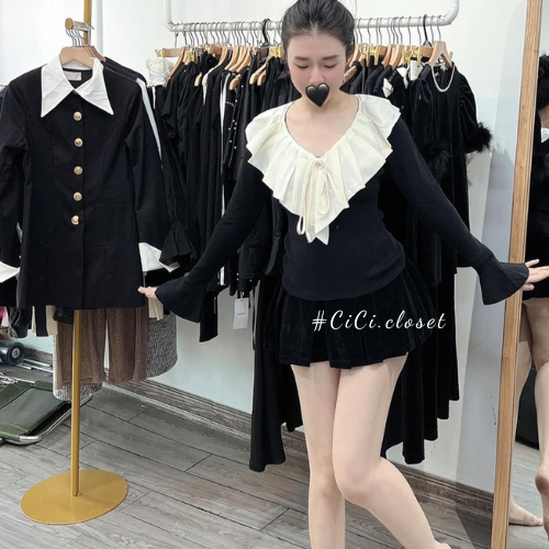 Áo thun len tăm tay dài nữ,áo len cổ tim dài tay,thiết kế voan bèo,ông tay loe nhẹ nhàng,tiểu thư