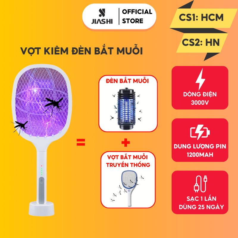 Vợt bắt muỗi kiêm đèn bắt muỗi JIASHI tự động thông minh, pin sạc cao cấp 1200mAh siêu bền - VBM01