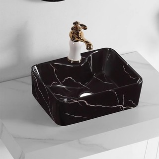 Lavabo - Chậu rửa mặt bằng sứ vuông đen vân trắng