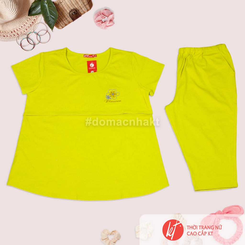 Đồ bộ bầu sau sinh cho mẹ cho con bú thun lửng mẫu thêu Flower có 2 Size L-XL (55-74kg) Đồ Bầu KT BSLT06