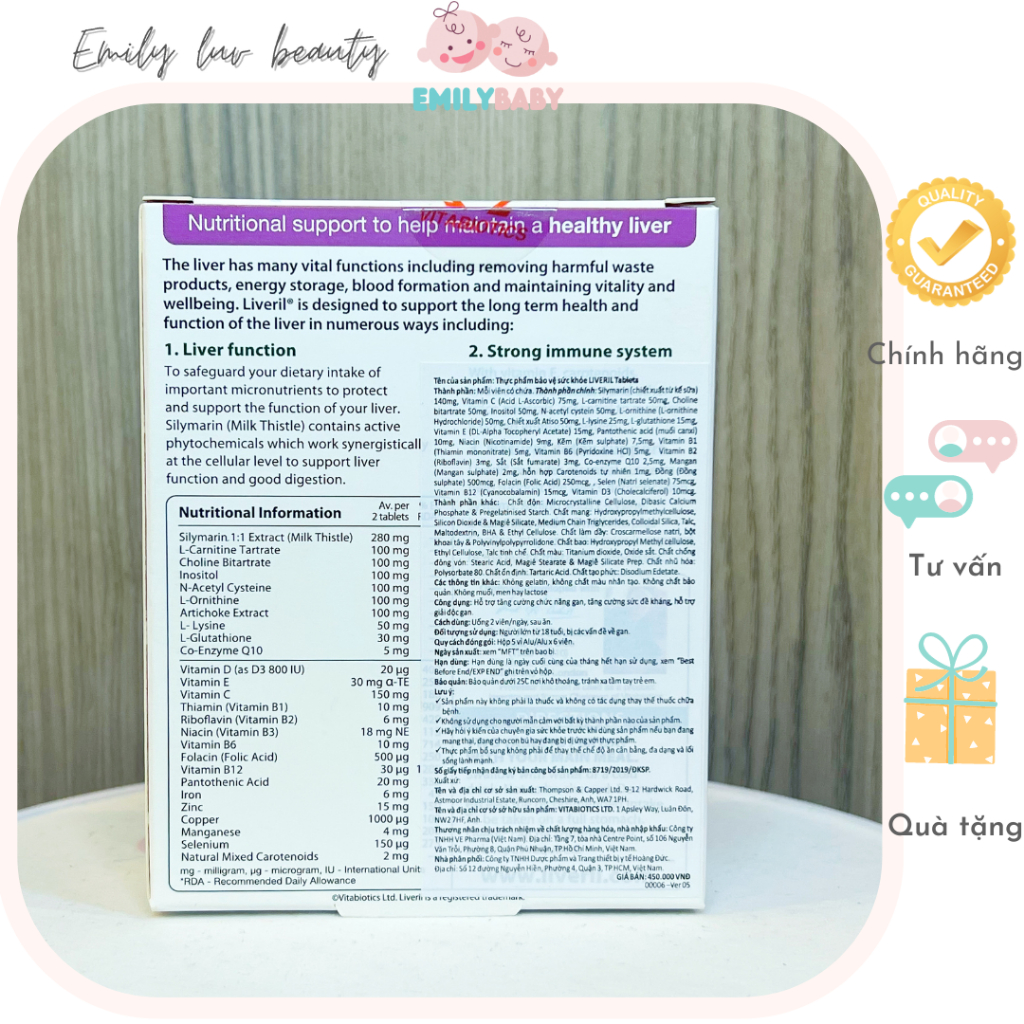 Viên uống Vitabiotics Liveril Tablets hỗ trợ thải độc gan, bảo vệ và tăng cường chức năng gan hộp 30 viên
