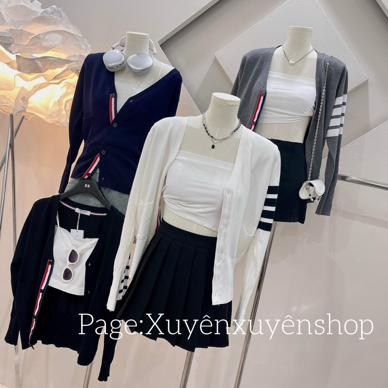 Áo Khoác Cardigan Len Thom Họa Tiết 4 Sọc Cao Cấp