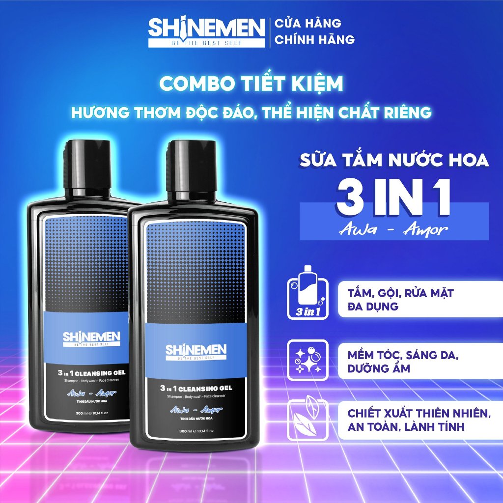 Sữa Tắm Gội và Rửa mặt 3 in 1 cho nam SHINEMEN hương nước hoa AWA-AMOR con gái gấc mê chai 300ml x 2 chai
