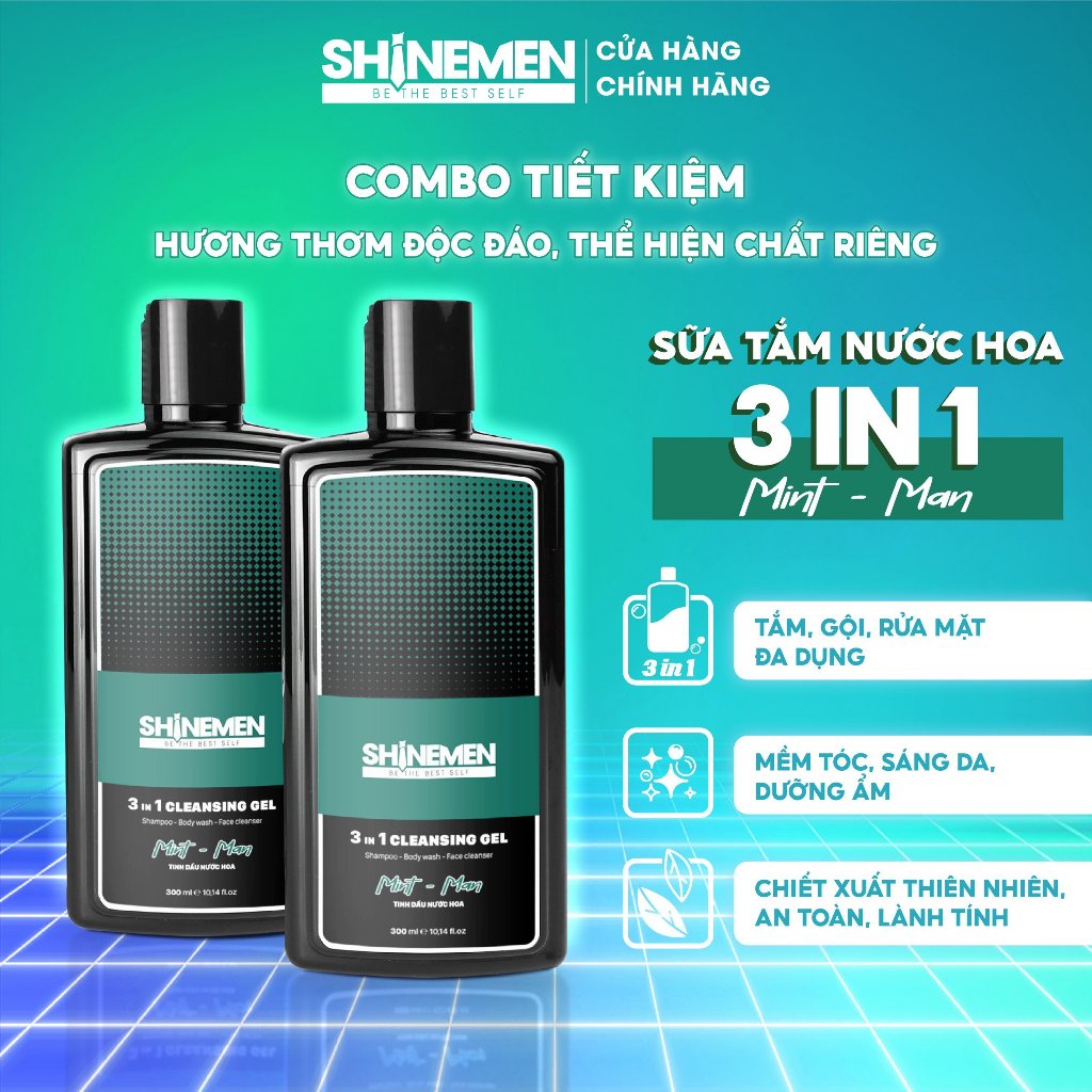 Combo 2 Chai Sữa Tắm Gội Và Rửa Mặt 3 In 1 Cho Nam Shinemen Hương Nước Hoa Mint - Man Bổ Sung Collagen Và Provitamin B5