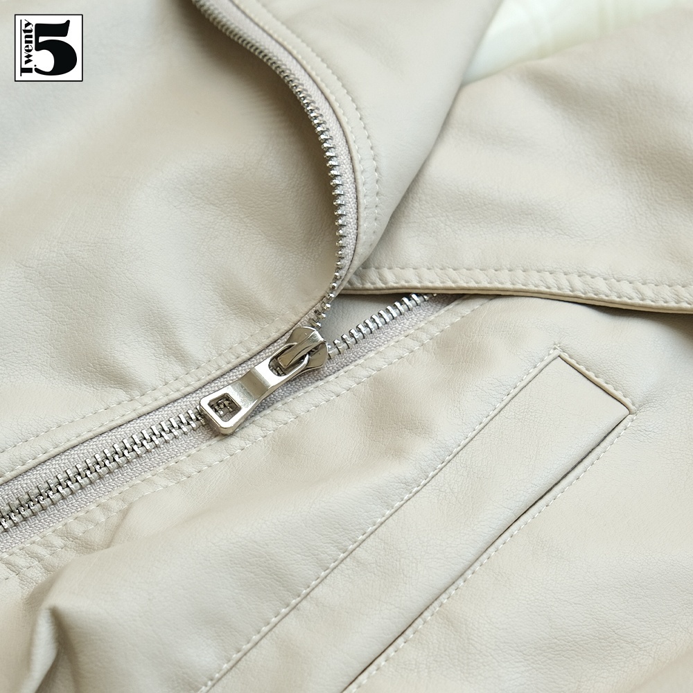 Áo khoác da nữ Twentyfive dáng ngắn cổ vest bẻ khóa kim loại bo viền 5120