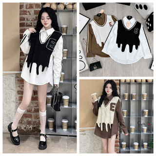 Áo sơ mi phối gile lượn gấu siêu xinh về tiếp Vải sơ mi thô mềm đẹp, phối gile len, viền màu siêu xinh