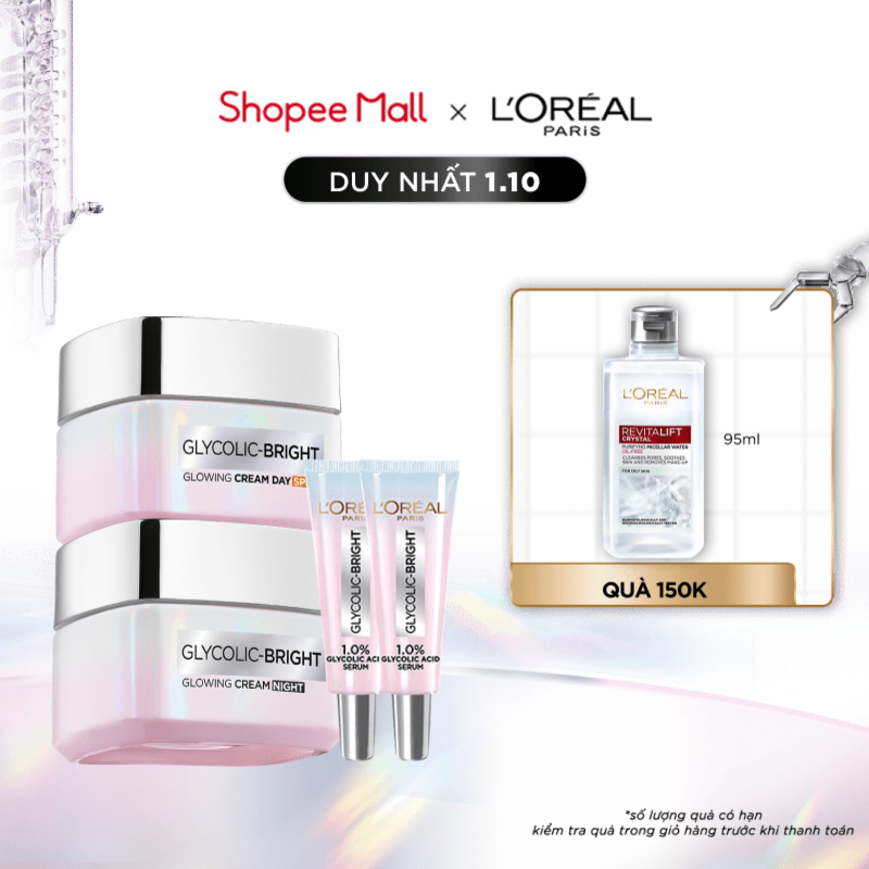 Bộ kem ngày đêm sáng da tức thì Glycolic Bright & 2 Serum cấp ẩm L'Oreal Paris