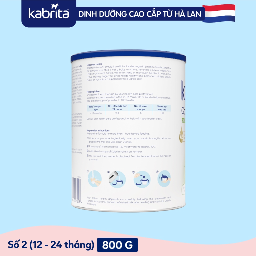 [Tặng Balo hình thú] Sữa dê Kabrita Hà Lan số 2 cho bé - Lon 800g