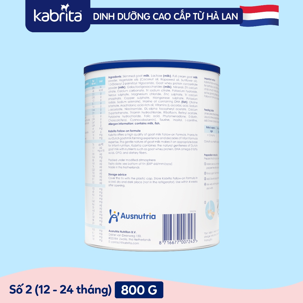 [Tặng Balo hình thú] Sữa dê Kabrita Hà Lan số 2 cho bé - Lon 800g