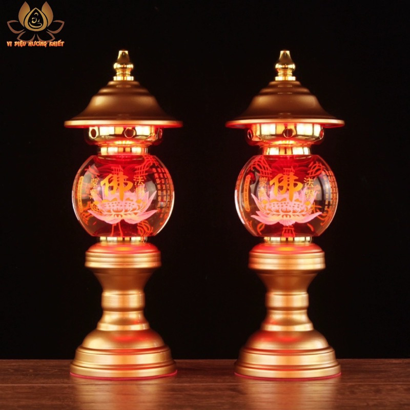 CẶP 2 CÂY ĐÈN LED HOA SEN TÂM KINH PHA LÊ THỜ CÚNG TRANG TRÍ