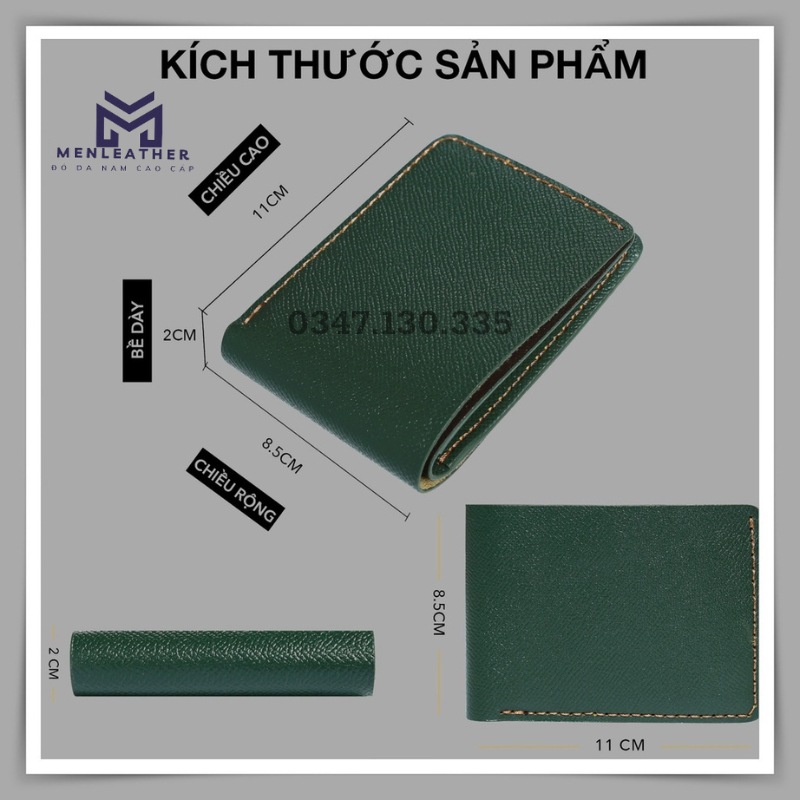 Ví Nam Mini Da Espom Đẹp Kiểu Ngang Màu Xanh Lá | Bóp Da Bò Đựng Tiền , Thẻ Mini Phối Thắt Lưng VN036