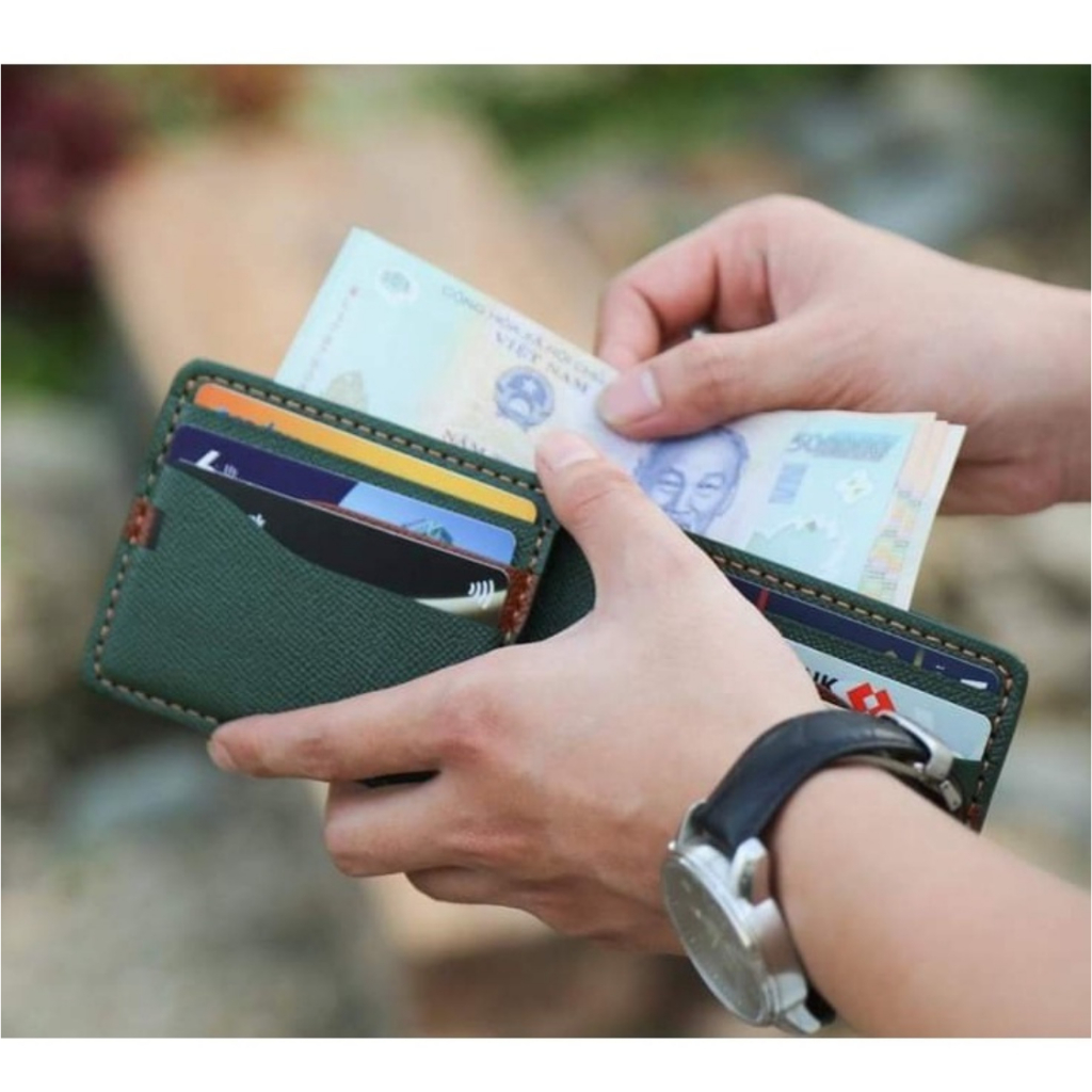 Ví Nam Mini Da Espom Đẹp Kiểu Ngang Màu Xanh Lá | Bóp Da Bò Đựng Tiền , Thẻ Mini Phối Thắt Lưng VN036
