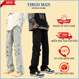 Quần jean nam ống suông PHỐI KHÓA KÉO + ĐAI GỐI cá tính - Quần baggy nam chất bò ống đứng hottrend phong cách đường phố