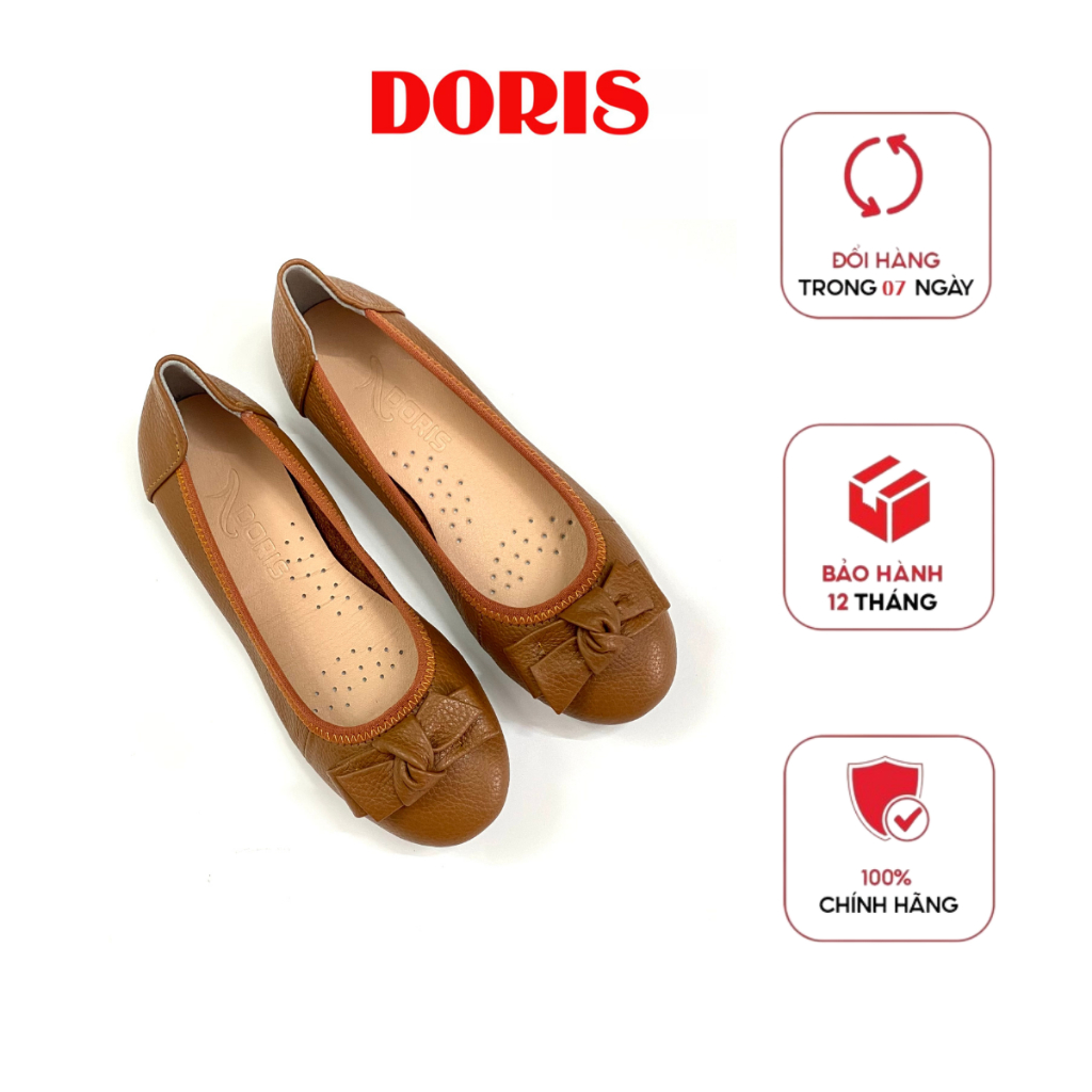 Giày búp bê đế bệt ❤️FREESHIP❤️ da thật mũi tròn gắn nơ vuông màu bò DORIS DR004-CÓ SIZE 40