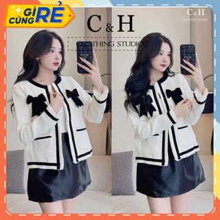 Áo dạ Tweed nữ dài tay viền nhung đính nơ ngực Tweet dạ Tiểu thư C&H Clothing