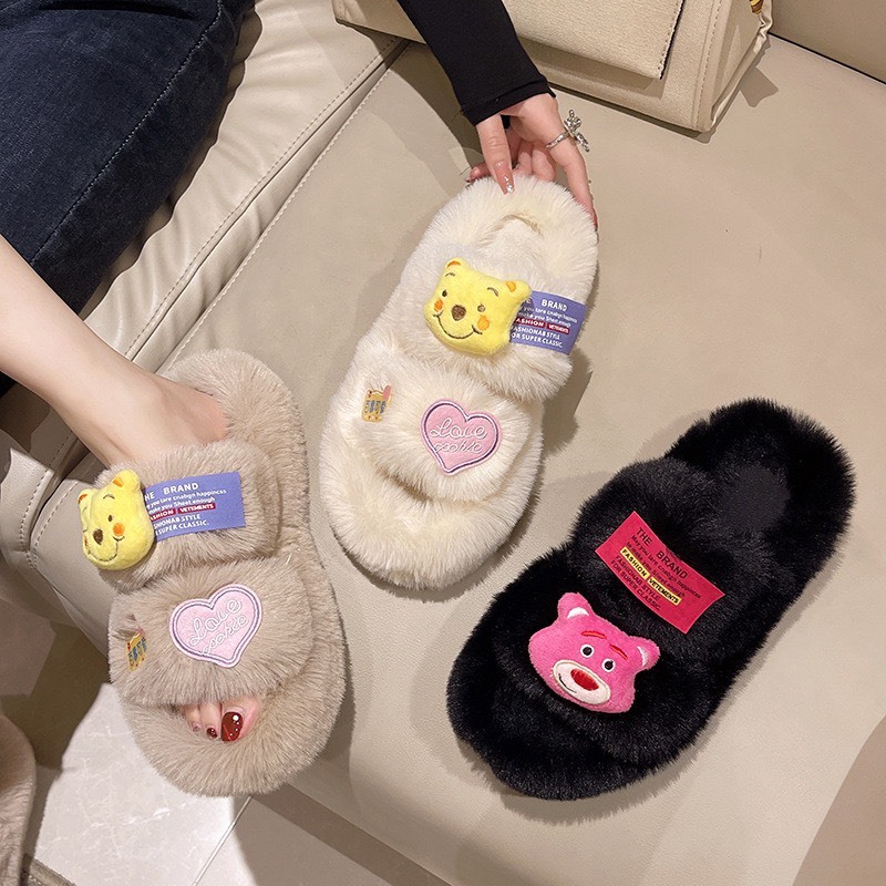Dép nữ .dép lông quai ngang gắn sticker gấu poor và gấu dâu siêu yêu .tăng  1 size nhé các bạn