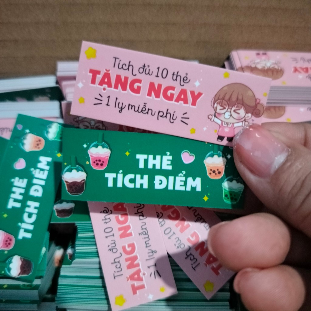 100 thẻ tích điểm mini kt 2x5,4cm, tích được 10 thẻ tặng 1 ly miễn phí