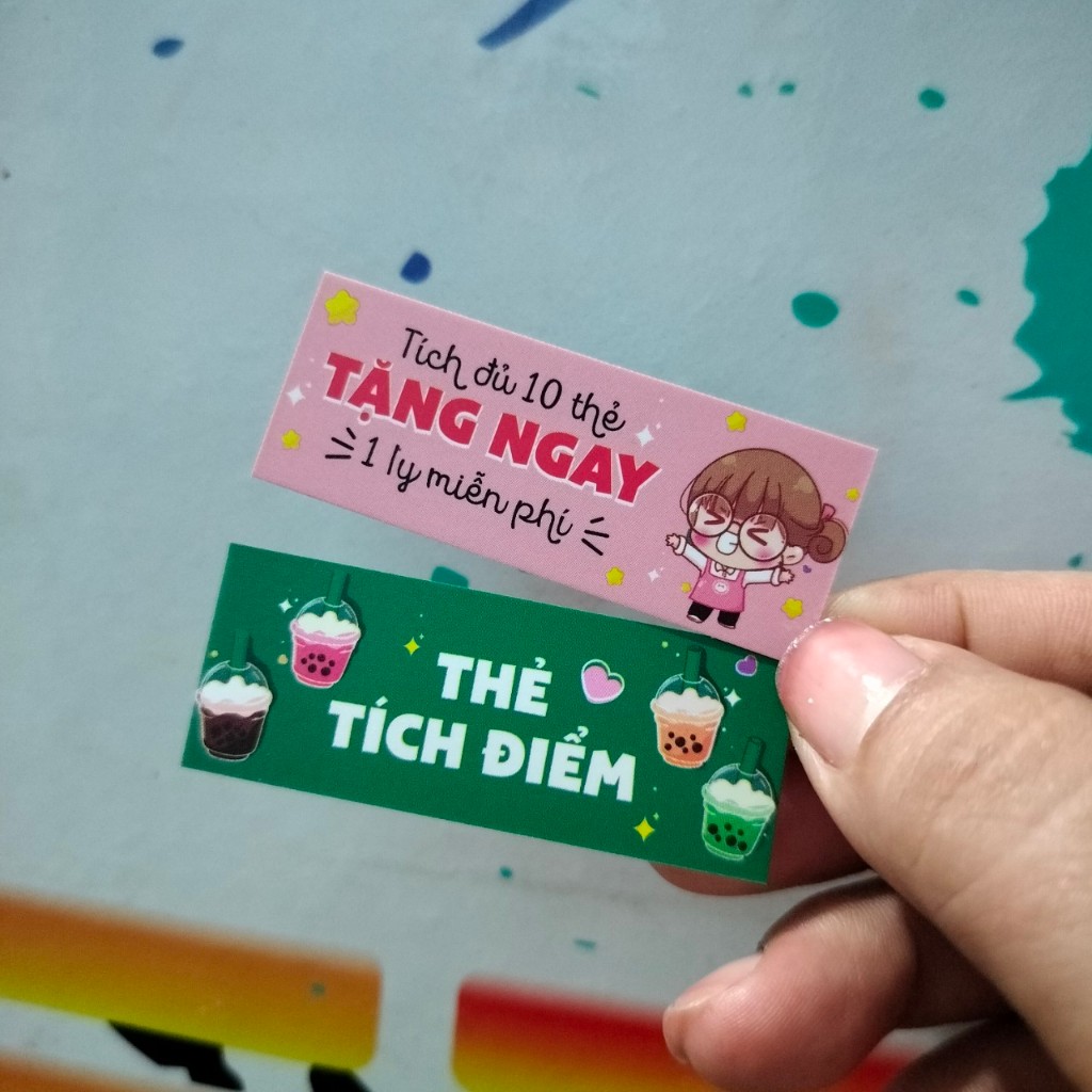 100 thẻ tích điểm mini kt 2x5,4cm, tích được 10 thẻ tặng 1 ly miễn phí