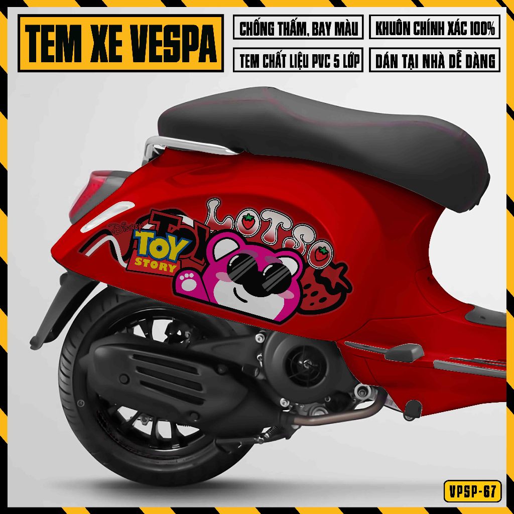 Tem Xe Vespa Sprint Primavera Gấu Dâu Lotso | VPSP67 | Team Decal Hình Dán Xe Máy Chống Nước Chống Xước