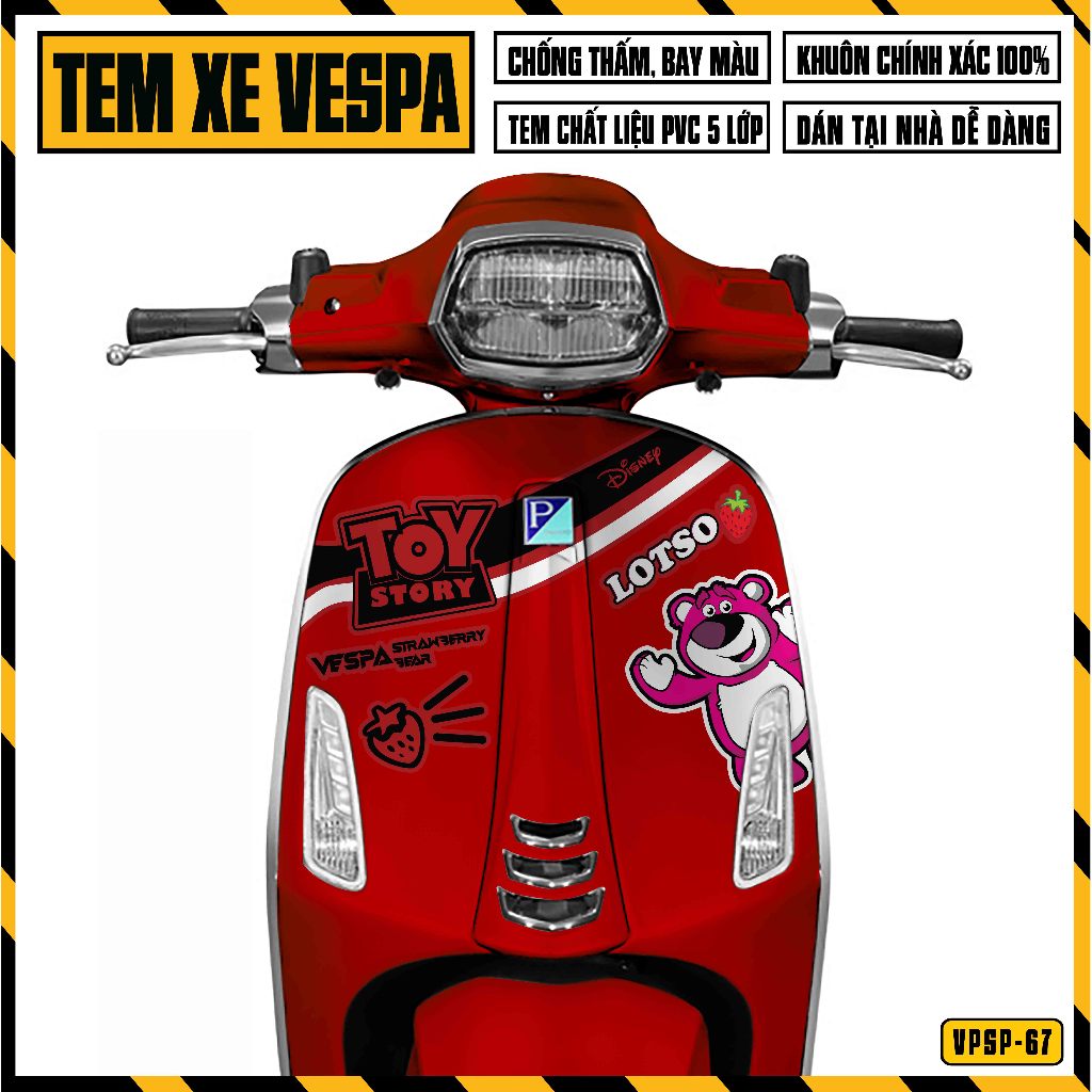 Tem Xe Vespa Sprint Primavera Gấu Dâu Lotso | VPSP67 | Team Decal Hình Dán Xe Máy Chống Nước Chống Xước