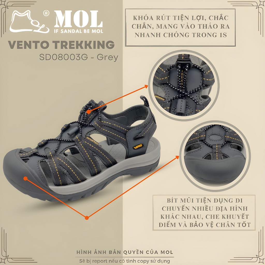 Giày sandal nam bít mũi Vento SD08003G màu xám có big size 44