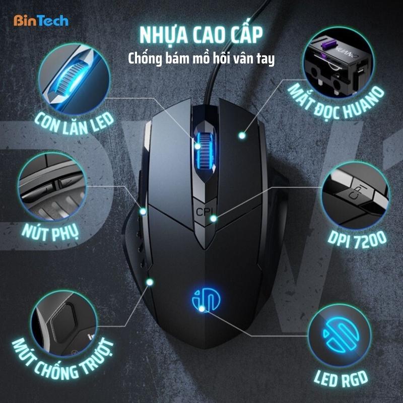 Chuột máy tính gaming chơi game BINTECH Inphic P1W bản có dây và không dây tắt âm silent 7200 DPI Led RGB - Chính hãng