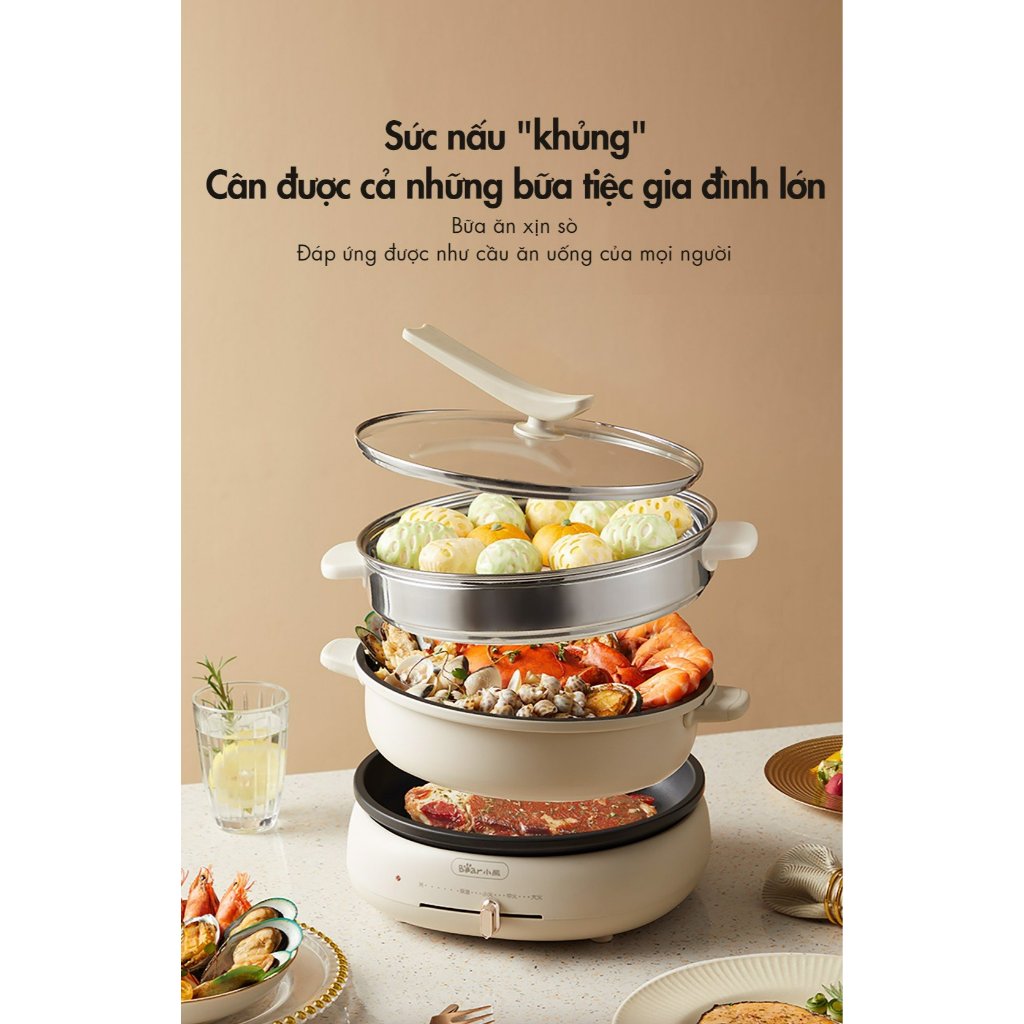 Nồi Lẩu Nướng Bear 3 khay 3in1 4L DHG-C40W2 -CS 1500W- Lẩu Nướng Hấp Xào- Chống dính- Hàng Chính Hãng- BH 18 Tháng