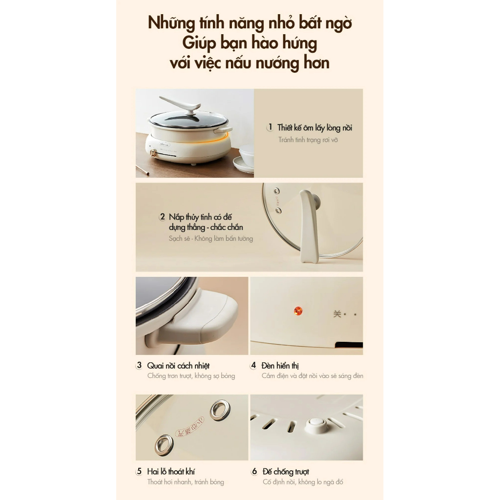 Nồi Lẩu Nướng Bear 3 khay 3in1 4L DHG-C40W2 -CS 1500W- Lẩu Nướng Hấp Xào- Chống dính- Hàng Chính Hãng- BH 18 Tháng