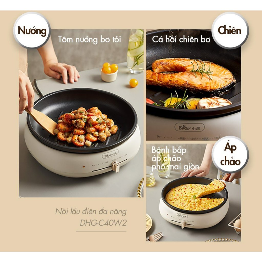 Nồi Lẩu Nướng Bear 3 khay 3in1 4L DHG-C40W2 -CS 1500W- Lẩu Nướng Hấp Xào- Chống dính- Hàng Chính Hãng- BH 18 Tháng