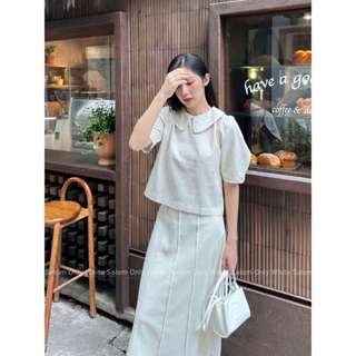 Lady Linen Set - Set Áo Cổ Sen Và Chân Váy Midi Kẻ Dọc SALOM (Ảnh thật chính chủ)
