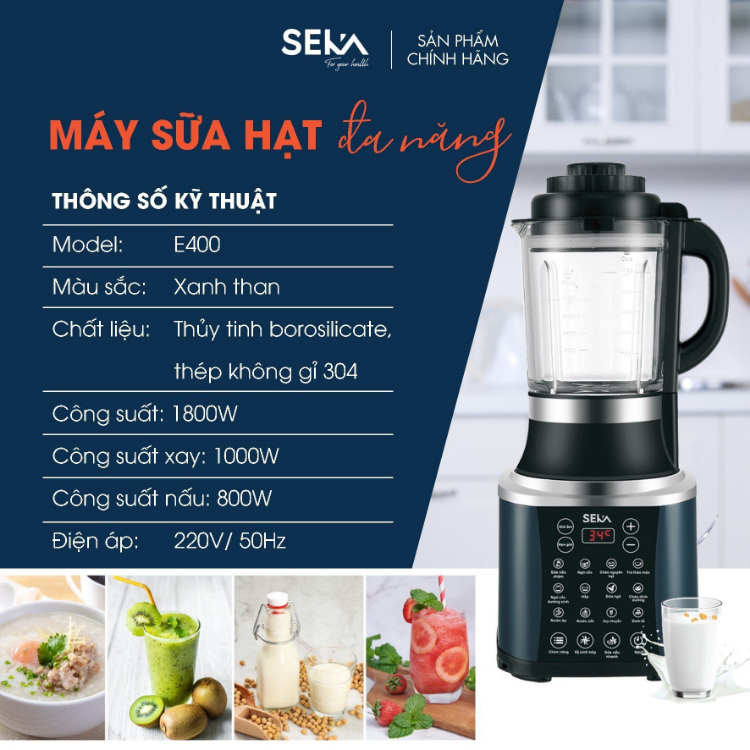 Máy Làm Sữa Hạt SEKA E-400 Với 14 Chức Năng Nấu Chuyên Sâu Bằng Tiếng Việt , Máy Nấu Sữa Đậu Nành Đa Năng Dung Tích 1.7L