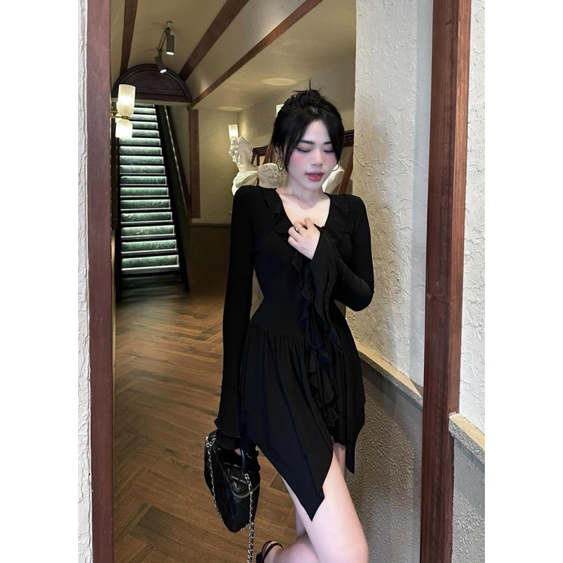 Đầm xoè phối nhún bèo đan dây ngực LéNa