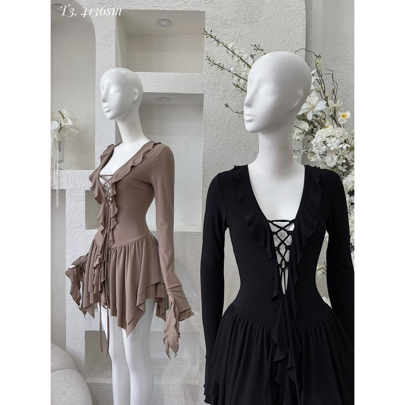 Đầm xoè phối nhún bèo đan dây ngực LéNa