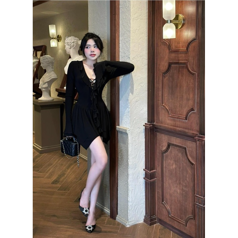 Đầm xoè phối nhún bèo đan dây ngực LéNa