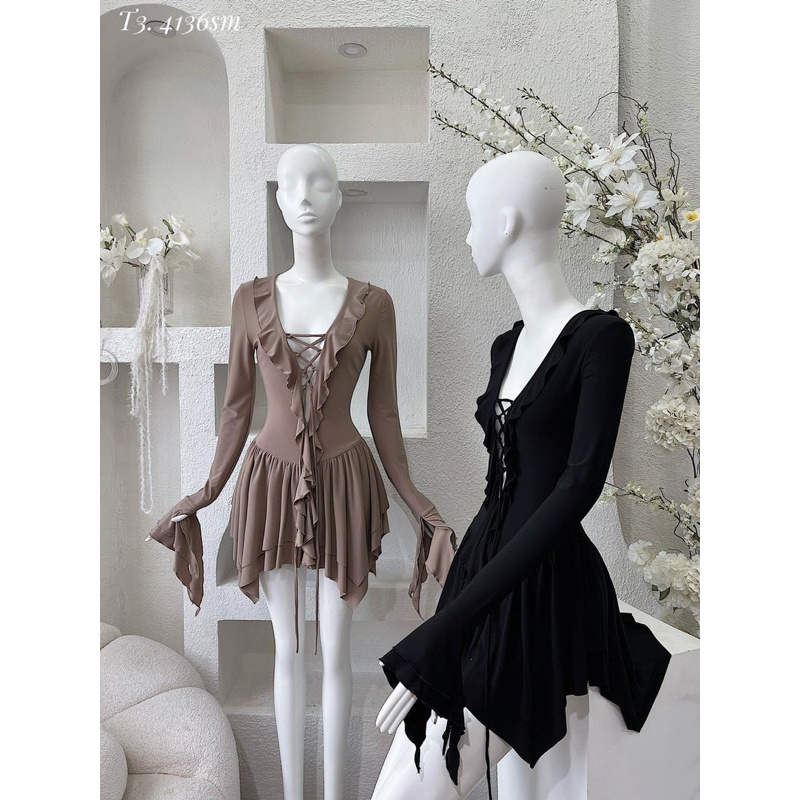 Đầm xoè phối nhún bèo đan dây ngực LéNa