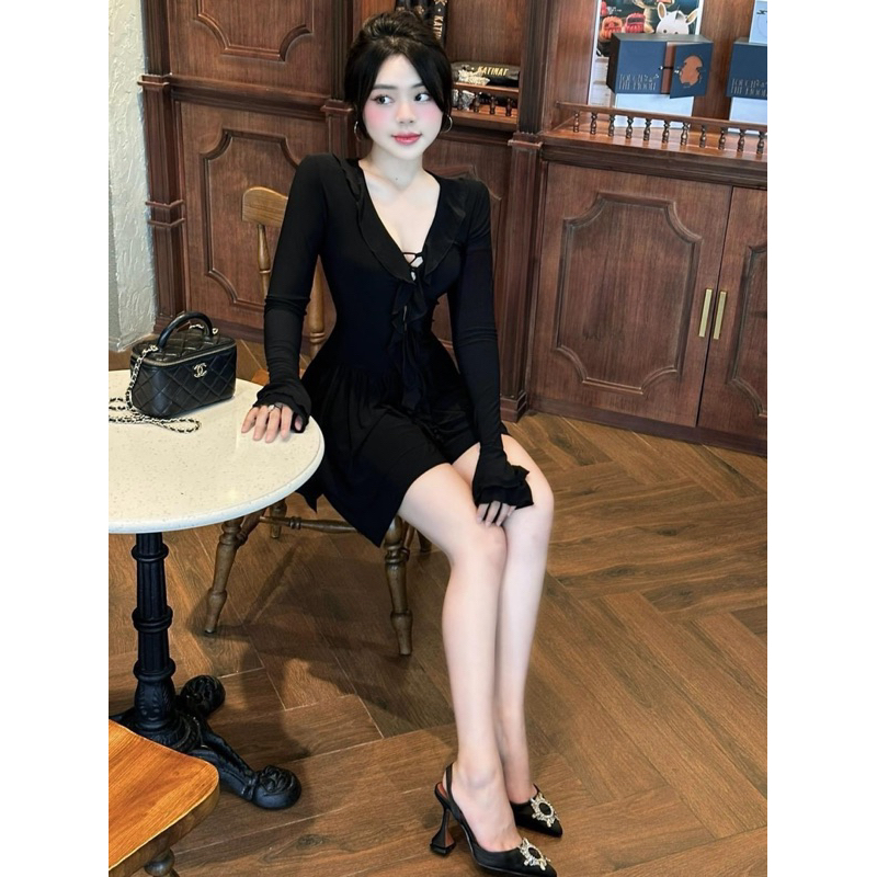 Đầm xoè phối nhún bèo đan dây ngực LéNa