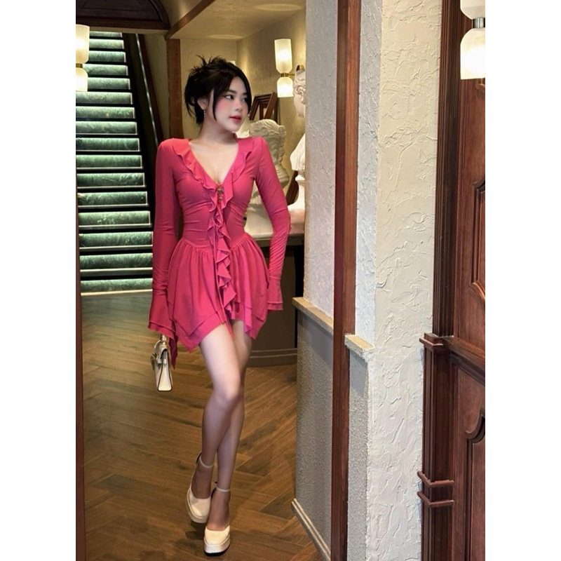 Đầm xoè phối nhún bèo đan dây ngực LéNa