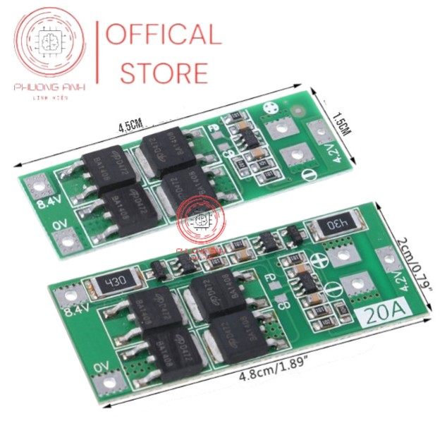 Mạch bảo vệ sạc pin 18650/Li-ion Lithium 2S 20A 7.4V 8.4V kích thước 4.5x1.5cm/4.8*2cm