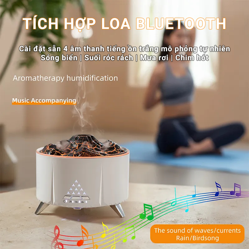 Máy xông tinh dầu kiểu núi lửa V32 - Tích hợp loa bluetooth - Tiếng ồn trắng mô phỏng âm thanh thiên nhiên giúp thư giãn