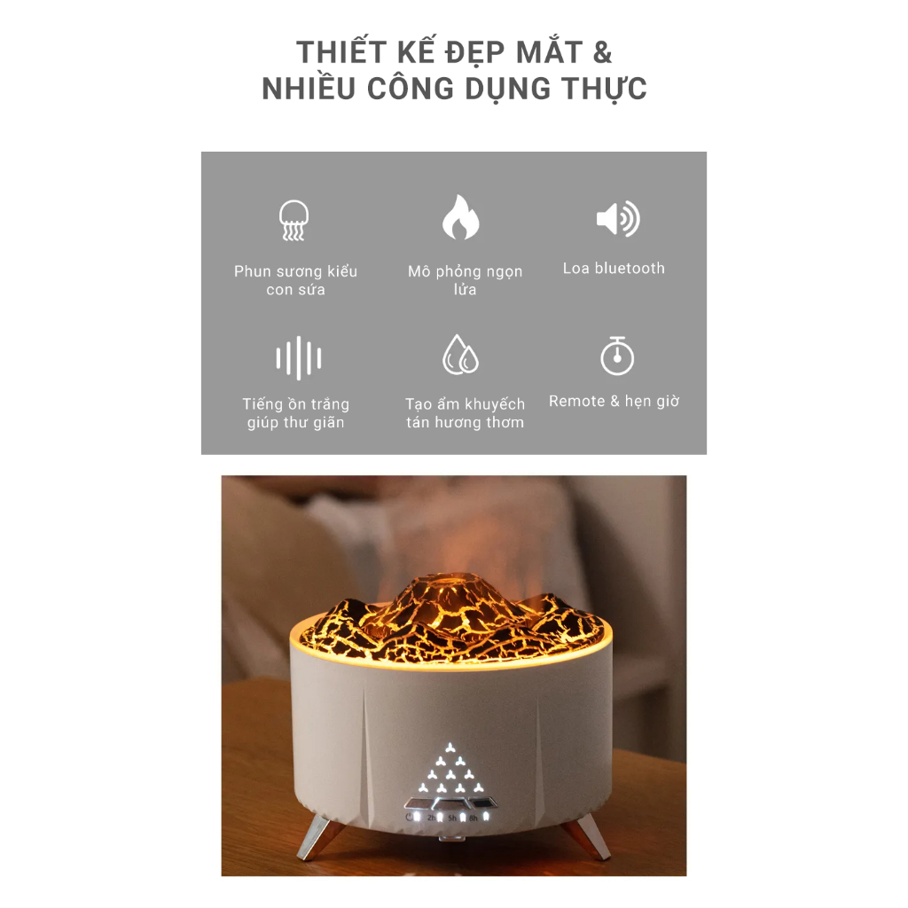 Máy xông tinh dầu kiểu núi lửa V32 - Tích hợp loa bluetooth - Tiếng ồn trắng mô phỏng âm thanh thiên nhiên giúp thư giãn