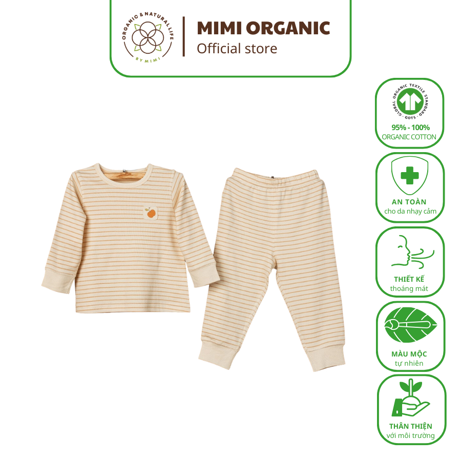 Bộ quần áo Mimi Organic Official dài thu đông kẻ nâu sợi bông hữu cơ trẻ em mềm mịn cao cấp