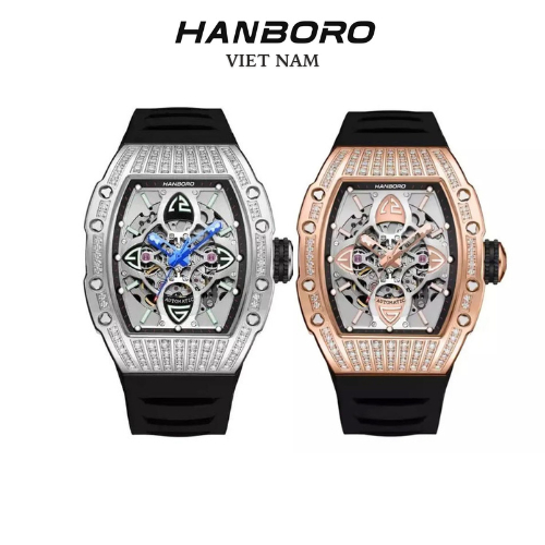 Đồng hồ nam Hanboro automatic dây Silicon màu đen vỏ silver 44mm chính hãng