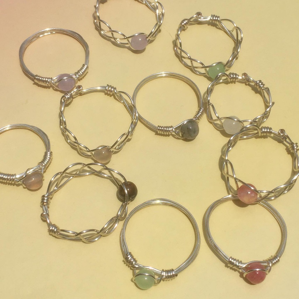 SALEEE - Nhẫn đá phong thủy tự nhiên dây vàng đồng quấn tròn đan tròn handmade