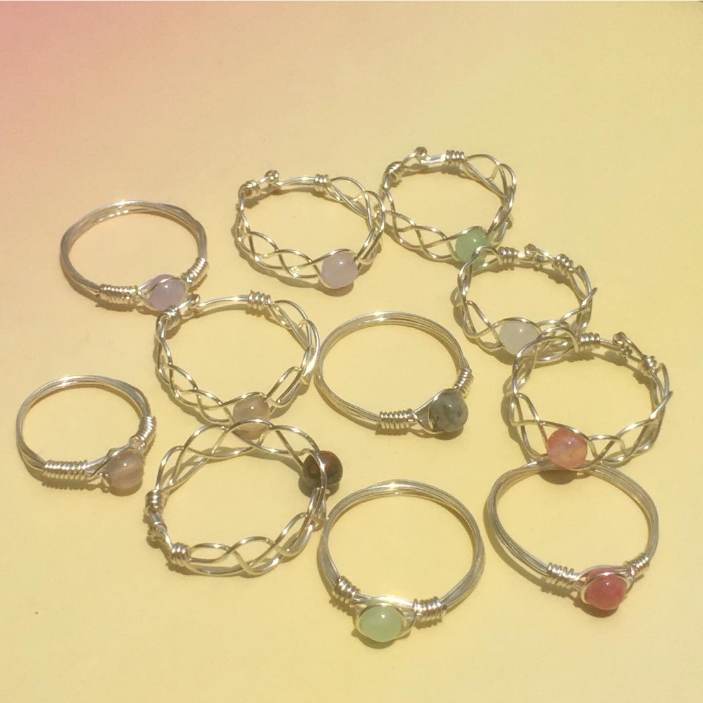 SALEEE - Nhẫn đá phong thủy tự nhiên dây vàng đồng quấn tròn đan tròn handmade