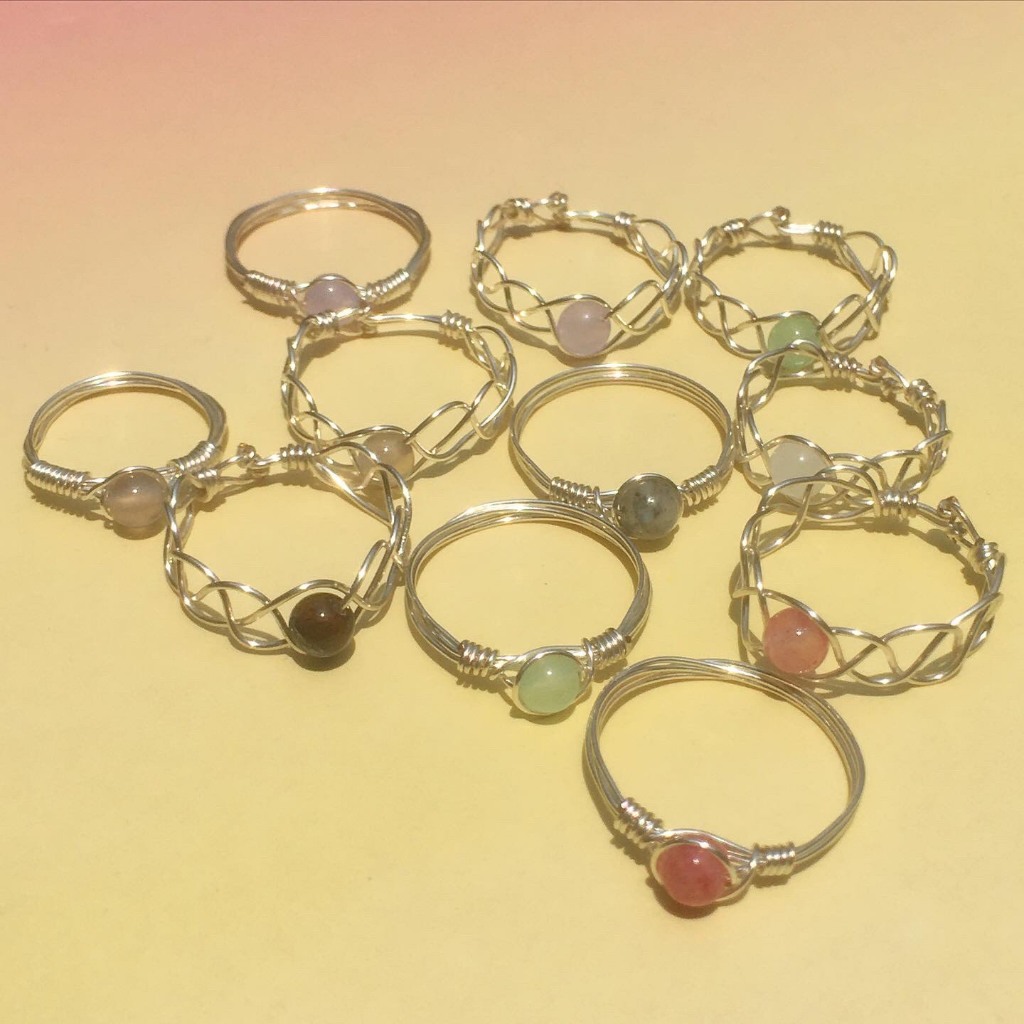 SALEEE - Nhẫn đá phong thủy tự nhiên dây vàng đồng quấn tròn đan tròn handmade