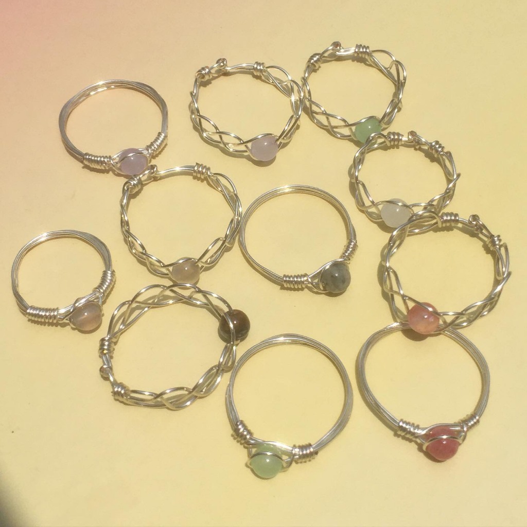SALEEE - Nhẫn đá phong thủy tự nhiên dây vàng đồng quấn tròn đan tròn handmade