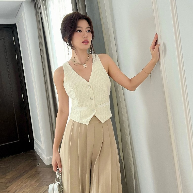 Áo Khoác Tweed Kiểu Nữ Dáng Ngắn Dài Tay & Áo Gile Phối Túi Đính Khuy Bạc Vuông Sang Trọng Đi Làm - Baie Coat & Vest