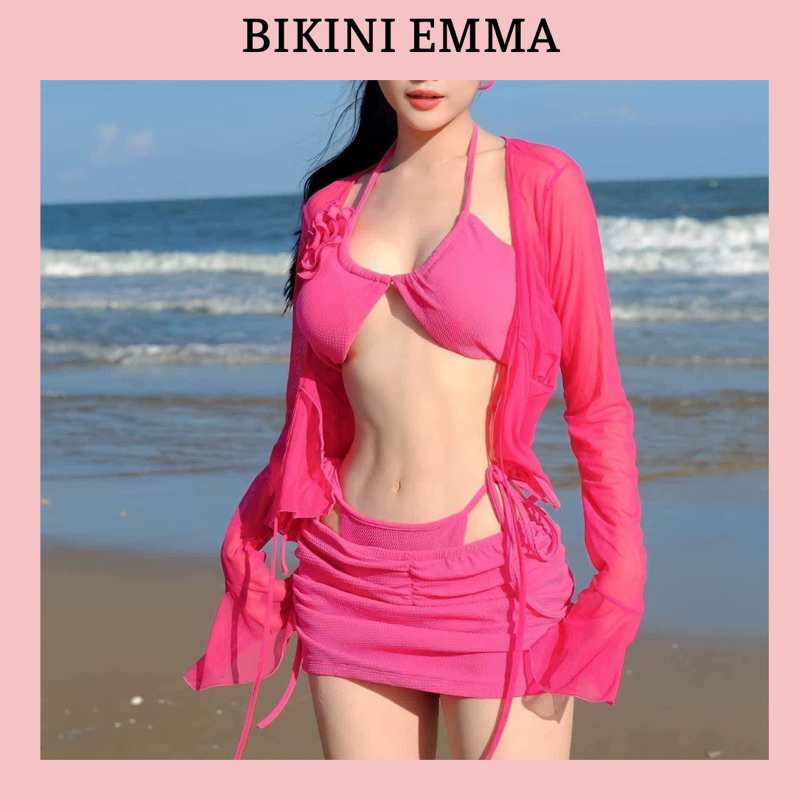 Set Bikini 4 Món Thiết Kế EMMA Kèm Tag Hoa Gồm Áo bikini + Quần Tam Giác + Váy Quây + Áo Khoác (Video Khách EMMA)